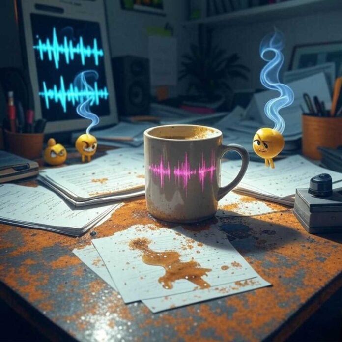 A messy home office desk with a spilled coffee mug, a phone displaying fading audio waveforms, ghostly car horn visuals dissolving, and cartoon earplugs dancing mischievously, styled with glitch-art edges, neon greens, muted grays, and rusty oranges.