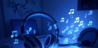 Auto-Tune Your Voice Like a Star Using AI Apps Messy Brooklyn desk with glowing smartphone, retro headphones, cheap mic, and pixelated musical notes in a blue-lavender-charcoal palette.