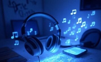 Auto-Tune Your Voice Like a Star Using AI Apps Messy Brooklyn desk with glowing smartphone, retro headphones, cheap mic, and pixelated musical notes in a blue-lavender-charcoal palette.