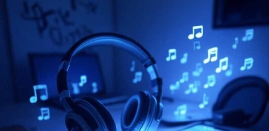 Auto-Tune Your Voice Like a Star Using AI Apps Messy Brooklyn desk with glowing smartphone, retro headphones, cheap mic, and pixelated musical notes in a blue-lavender-charcoal palette.