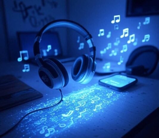 Auto-Tune Your Voice Like a Star Using AI Apps Messy Brooklyn desk with glowing smartphone, retro headphones, cheap mic, and pixelated musical notes in a blue-lavender-charcoal palette.
