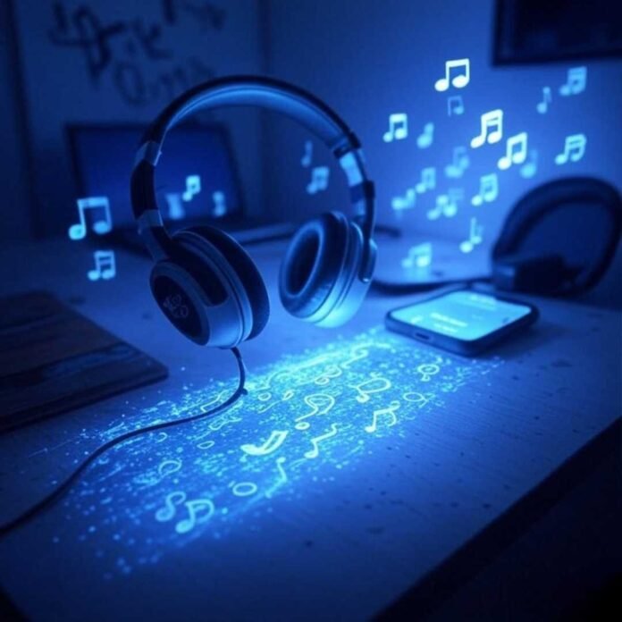 Messy Brooklyn desk with glowing smartphone, retro headphones, cheap mic, and pixelated musical notes in a blue-lavender-charcoal palette.