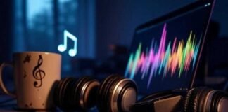 Make Music With AI: Create Amazing Tracks Without Instruments A glowing laptop displays vibrant soundwave patterns, old headphones rest on a cluttered desk, and a holographic musical note flickers above. A chipped coffee mug with a treble clef sits nearby, captured from a low-angle shot mimicking a late-night music-making session.