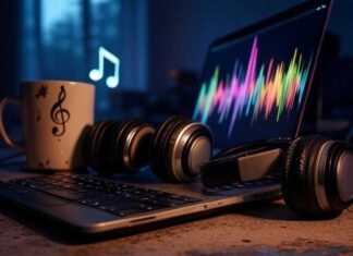 Make Music With AI: Create Amazing Tracks Without Instruments A glowing laptop displays vibrant soundwave patterns, old headphones rest on a cluttered desk, and a holographic musical note flickers above. A chipped coffee mug with a treble clef sits nearby, captured from a low-angle shot mimicking a late-night music-making session.