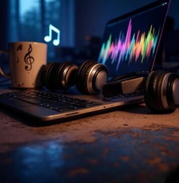 Make Music With AI: Create Amazing Tracks Without Instruments A glowing laptop displays vibrant soundwave patterns, old headphones rest on a cluttered desk, and a holographic musical note flickers above. A chipped coffee mug with a treble clef sits nearby, captured from a low-angle shot mimicking a late-night music-making session.