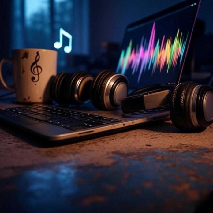 A glowing laptop displays vibrant soundwave patterns, old headphones rest on a cluttered desk, and a holographic musical note flickers above. A chipped coffee mug with a treble clef sits nearby, captured from a low-angle shot mimicking a late-night music-making session.