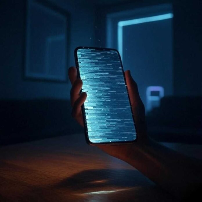 "Clumsy hand fumbling a levitating phone with glitchy illusions, 1x1 ratio."