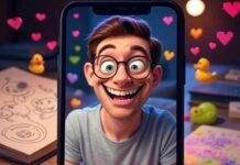 Turn Yourself Into a Cartoon With These AI Tools: Unleash Your Inner Cartoonist! A photorealistic selfie on a glowing phone screen transforms into a goofy cartoon with wonky eyebrows and a lopsided grin, surrounded by jumbled AI app buttons. A sketchbook with escaping doodles, floating pixel hearts, and a rubber duck sit in a colorful, chaotic background of lime greens, pinks, oranges, and lavender. Caption: “Me, watching my selfie turn into a gloriously weird cartoon.”