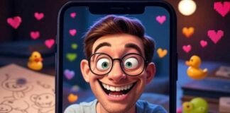 Turn Yourself Into a Cartoon With These AI Tools: Unleash Your Inner Cartoonist! A photorealistic selfie on a glowing phone screen transforms into a goofy cartoon with wonky eyebrows and a lopsided grin, surrounded by jumbled AI app buttons. A sketchbook with escaping doodles, floating pixel hearts, and a rubber duck sit in a colorful, chaotic background of lime greens, pinks, oranges, and lavender. Caption: “Me, watching my selfie turn into a gloriously weird cartoon.”