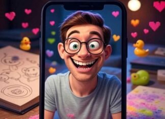 Turn Yourself Into a Cartoon With These AI Tools: Unleash Your Inner Cartoonist! A photorealistic selfie on a glowing phone screen transforms into a goofy cartoon with wonky eyebrows and a lopsided grin, surrounded by jumbled AI app buttons. A sketchbook with escaping doodles, floating pixel hearts, and a rubber duck sit in a colorful, chaotic background of lime greens, pinks, oranges, and lavender. Caption: “Me, watching my selfie turn into a gloriously weird cartoon.”