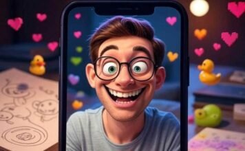 Turn Yourself Into a Cartoon With These AI Tools: Unleash Your Inner Cartoonist! A photorealistic selfie on a glowing phone screen transforms into a goofy cartoon with wonky eyebrows and a lopsided grin, surrounded by jumbled AI app buttons. A sketchbook with escaping doodles, floating pixel hearts, and a rubber duck sit in a colorful, chaotic background of lime greens, pinks, oranges, and lavender. Caption: “Me, watching my selfie turn into a gloriously weird cartoon.”