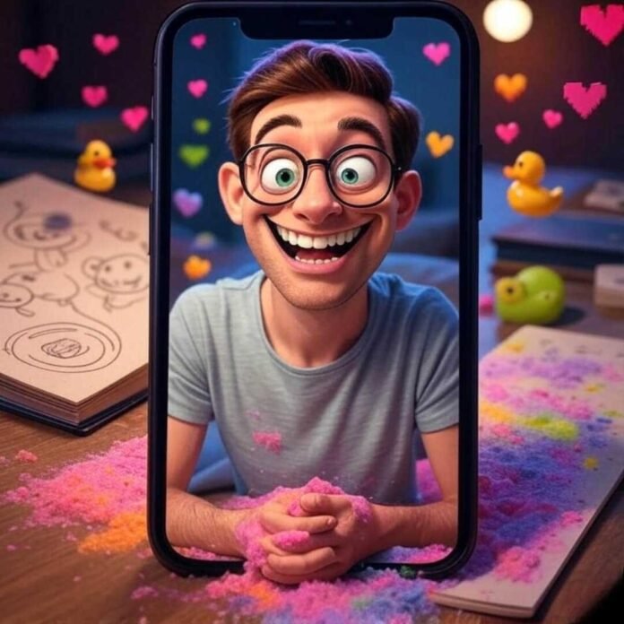 A photorealistic selfie on a glowing phone screen transforms into a goofy cartoon with wonky eyebrows and a lopsided grin, surrounded by jumbled AI app buttons. A sketchbook with escaping doodles, floating pixel hearts, and a rubber duck sit in a colorful, chaotic background of lime greens, pinks, oranges, and lavender. Caption: “Me, watching my selfie turn into a gloriously weird cartoon.”