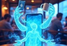 Top Clone Photo Apps for Android to Make Mind-Bending Images "Surreal phone with ghostly arms juggling a passport and mug in a coffee shop."