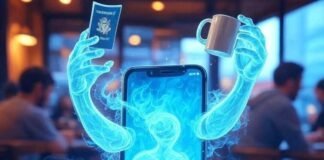Top Clone Photo Apps for Android to Make Mind-Bending Images "Surreal phone with ghostly arms juggling a passport and mug in a coffee shop."
