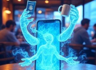 Top Clone Photo Apps for Android to Make Mind-Bending Images "Surreal phone with ghostly arms juggling a passport and mug in a coffee shop."