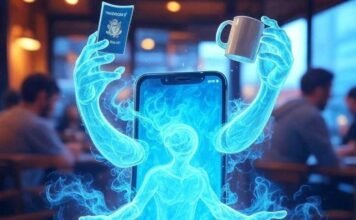 Top Clone Photo Apps for Android to Make Mind-Bending Images "Surreal phone with ghostly arms juggling a passport and mug in a coffee shop."