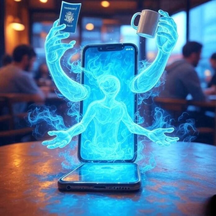 "Surreal phone with ghostly arms juggling a passport and mug in a coffee shop." "Surreal phone with ghostly arms juggling a passport and mug in a coffee shop."