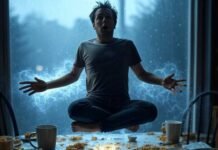 Levitation Photo Editor Apps: Make Your Friends Think You Can Fly "Man levitating with glowing aura above a messy breakfast table with spilled coffee in rainy Seattle light."