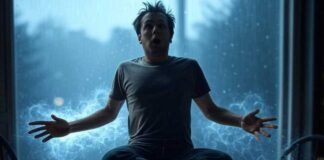 Levitation Photo Editor Apps: Make Your Friends Think You Can Fly "Man levitating with glowing aura above a messy breakfast table with spilled coffee in rainy Seattle light."