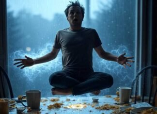 Levitation Photo Editor Apps: Make Your Friends Think You Can Fly "Man levitating with glowing aura above a messy breakfast table with spilled coffee in rainy Seattle light."