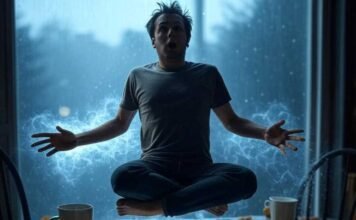 Levitation Photo Editor Apps: Make Your Friends Think You Can Fly "Man levitating with glowing aura above a messy breakfast table with spilled coffee in rainy Seattle light."