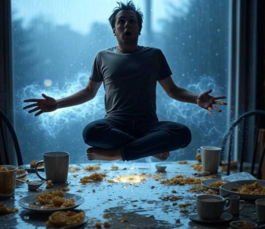 Levitation Photo Editor Apps: Make Your Friends Think You Can Fly "Man levitating with glowing aura above a messy breakfast table with spilled coffee in rainy Seattle light."