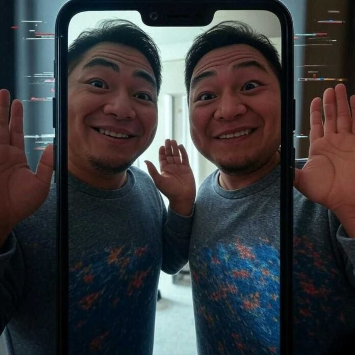 "Glitchy selfie app doubling my bad hair day into a funny nightmare."