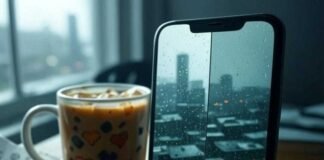 Best AI Photo Enhancer Apps: Instantly Upgrade Your Pics Like a Pro A smartphone on a rickety wooden desk displays a split-screen of a blurry, rain-smeared Seattle skyline selfie transforming into a sharp, vibrant shot. A half-spilled iced coffee mug with a wonky shadow and a crumpled napkin with doodled pixel hearts sit nearby. A tiny cartoon robot arm emerges from the phone's port, giving a thumbs-up, blending muted teal grays with electric orange highlights in a wryly humorous, slightly blurred photorealistic style.