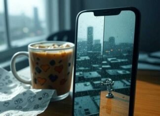 Best AI Photo Enhancer Apps: Instantly Upgrade Your Pics Like a Pro A smartphone on a rickety wooden desk displays a split-screen of a blurry, rain-smeared Seattle skyline selfie transforming into a sharp, vibrant shot. A half-spilled iced coffee mug with a wonky shadow and a crumpled napkin with doodled pixel hearts sit nearby. A tiny cartoon robot arm emerges from the phone's port, giving a thumbs-up, blending muted teal grays with electric orange highlights in a wryly humorous, slightly blurred photorealistic style.