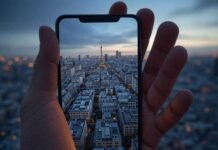 Forced Perspective Photography Apps That Trick the Eye "Smartphone displaying a tiny cityscape in a giant hand, creating a quirky forced perspective illusion."