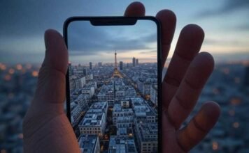 Forced Perspective Photography Apps That Trick the Eye "Smartphone displaying a tiny cityscape in a giant hand, creating a quirky forced perspective illusion."