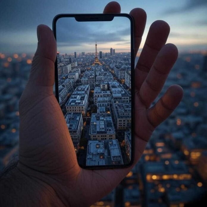 "Smartphone displaying a tiny cityscape in a giant hand, creating a quirky forced perspective illusion."