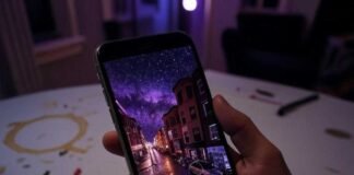 Double Exposure Apps: Unleash Your Inner Surrealist and Create Stunning Masterpieces A shaky hand holds a phone displaying a double exposure of a neon Boston street merging with a galaxy, set against a purple-amber-crimson late-night vibe. A coffee stain and glowing paintbrushes litter the messy Somerville apartment table.