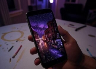 Double Exposure Apps: Unleash Your Inner Surrealist and Create Stunning Masterpieces A shaky hand holds a phone displaying a double exposure of a neon Boston street merging with a galaxy, set against a purple-amber-crimson late-night vibe. A coffee stain and glowing paintbrushes litter the messy Somerville apartment table.