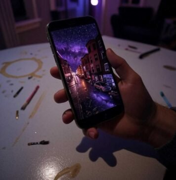 Double Exposure Apps: Unleash Your Inner Surrealist and Create Stunning Masterpieces A shaky hand holds a phone displaying a double exposure of a neon Boston street merging with a galaxy, set against a purple-amber-crimson late-night vibe. A coffee stain and glowing paintbrushes litter the messy Somerville apartment table.