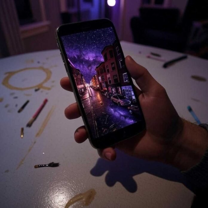 A shaky hand holds a phone displaying a double exposure of a neon Boston street merging with a galaxy, set against a purple-amber-crimson late-night vibe. A coffee stain and glowing paintbrushes litter the messy Somerville apartment table.