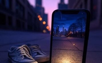 Best Light Trail Photography Apps for Android and iPhone Smartphone on a Chicago sidewalk at dusk, displaying a light trail photo, with scuffed sneakers, a faint firefly glow, and a rogue headlight beam, in an indigo, neon orange, and lavender palette.