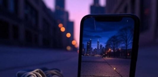 Best Light Trail Photography Apps for Android and iPhone Smartphone on a Chicago sidewalk at dusk, displaying a light trail photo, with scuffed sneakers, a faint firefly glow, and a rogue headlight beam, in an indigo, neon orange, and lavender palette.