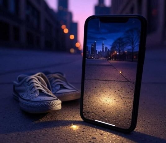 Best Light Trail Photography Apps for Android and iPhone Smartphone on a Chicago sidewalk at dusk, displaying a light trail photo, with scuffed sneakers, a faint firefly glow, and a rogue headlight beam, in an indigo, neon orange, and lavender palette.