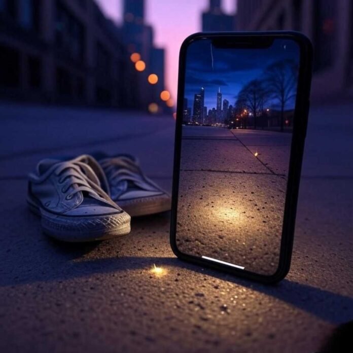 Smartphone on a Chicago sidewalk at dusk, displaying a light trail photo, with scuffed sneakers, a faint firefly glow, and a rogue headlight beam, in an indigo, neon orange, and lavender palette.