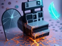 Create Dreamlike Photos: Unleash Your Imagination with These Surreal Editing Apps Alt text: A dreamy, photorealistic scene featuring a retro Polaroid camera dripping with glowing paint, a cracked mirror reflecting a starry vortex, and a neon-lit floating feather, with scattered mismatched buttons on a soft lavender, burnt orange, and electric cyan background.