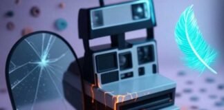 Create Dreamlike Photos: Unleash Your Imagination with These Surreal Editing Apps Alt text: A dreamy, photorealistic scene featuring a retro Polaroid camera dripping with glowing paint, a cracked mirror reflecting a starry vortex, and a neon-lit floating feather, with scattered mismatched buttons on a soft lavender, burnt orange, and electric cyan background.