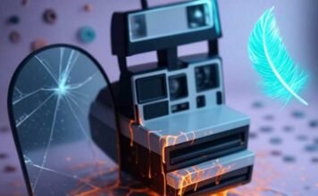 Create Dreamlike Photos: Unleash Your Imagination with These Surreal Editing Apps Alt text: A dreamy, photorealistic scene featuring a retro Polaroid camera dripping with glowing paint, a cracked mirror reflecting a starry vortex, and a neon-lit floating feather, with scattered mismatched buttons on a soft lavender, burnt orange, and electric cyan background.