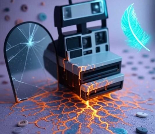 Create Dreamlike Photos: Unleash Your Imagination with These Surreal Editing Apps Alt text: A dreamy, photorealistic scene featuring a retro Polaroid camera dripping with glowing paint, a cracked mirror reflecting a starry vortex, and a neon-lit floating feather, with scattered mismatched buttons on a soft lavender, burnt orange, and electric cyan background.