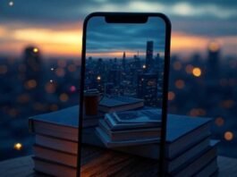 Long Exposure Photos on Your Phone: Unleash Your Inner Photographer with These Top Apps A slightly blurred, photorealistic image of a smartphone perched precariously on a stack of books, capturing a glowing cityscape at dusk with a faint face reflection on the screen. A coffee cup sits nearby, while fireflies float around, set against deep indigo blues and warm amber glows in a 1x1 ratio.