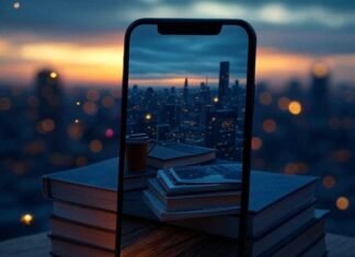 Long Exposure Photos on Your Phone: Unleash Your Inner Photographer with These Top Apps A slightly blurred, photorealistic image of a smartphone perched precariously on a stack of books, capturing a glowing cityscape at dusk with a faint face reflection on the screen. A coffee cup sits nearby, while fireflies float around, set against deep indigo blues and warm amber glows in a 1x1 ratio.