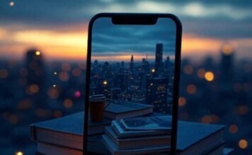 Long Exposure Photos on Your Phone: Unleash Your Inner Photographer with These Top Apps A slightly blurred, photorealistic image of a smartphone perched precariously on a stack of books, capturing a glowing cityscape at dusk with a faint face reflection on the screen. A coffee cup sits nearby, while fireflies float around, set against deep indigo blues and warm amber glows in a 1x1 ratio.