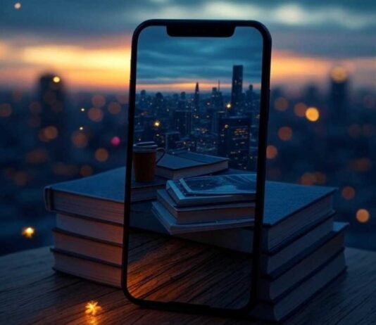 Long Exposure Photos on Your Phone: Unleash Your Inner Photographer with These Top Apps A slightly blurred, photorealistic image of a smartphone perched precariously on a stack of books, capturing a glowing cityscape at dusk with a faint face reflection on the screen. A coffee cup sits nearby, while fireflies float around, set against deep indigo blues and warm amber glows in a 1x1 ratio.