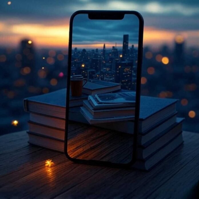A slightly blurred, photorealistic image of a smartphone perched precariously on a stack of books, capturing a glowing cityscape at dusk with a faint face reflection on the screen. A coffee cup sits nearby, while fireflies float around, set against deep indigo blues and warm amber glows in a 1x1 ratio. A slightly blurred, photorealistic image of a smartphone perched precariously on a stack of books, capturing a glowing cityscape at dusk with a faint face reflection on the screen. A coffee cup sits nearby, while fireflies float around, set against deep indigo blues and warm amber glows in a 1x1 ratio.