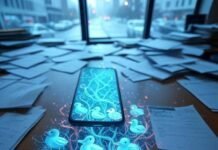 10 Best New Apps of 2025: Revolutionizing Mobile Innovation Holographic glitchy vines with rubber duckies spilling from a smartphone on a messy Seattle desk, rainy cityscape visible through window.